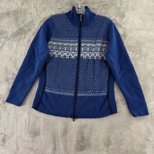Eddie Bauer‎ Fair Isle Full Zip Cardigan Womens L Blue Merino Wool Angora Blend